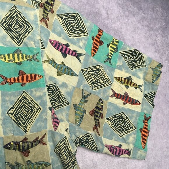 Campia Moda Mens Hawaiian Shirt size XL Short‎ Sleeve Tribal Fish Graphic Green - Picture 13 of 16